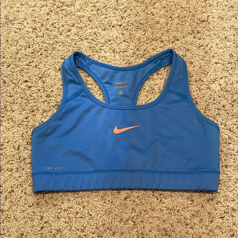 Nike Dri-Fit Blue and Orange Sports Bra with Racerback Design